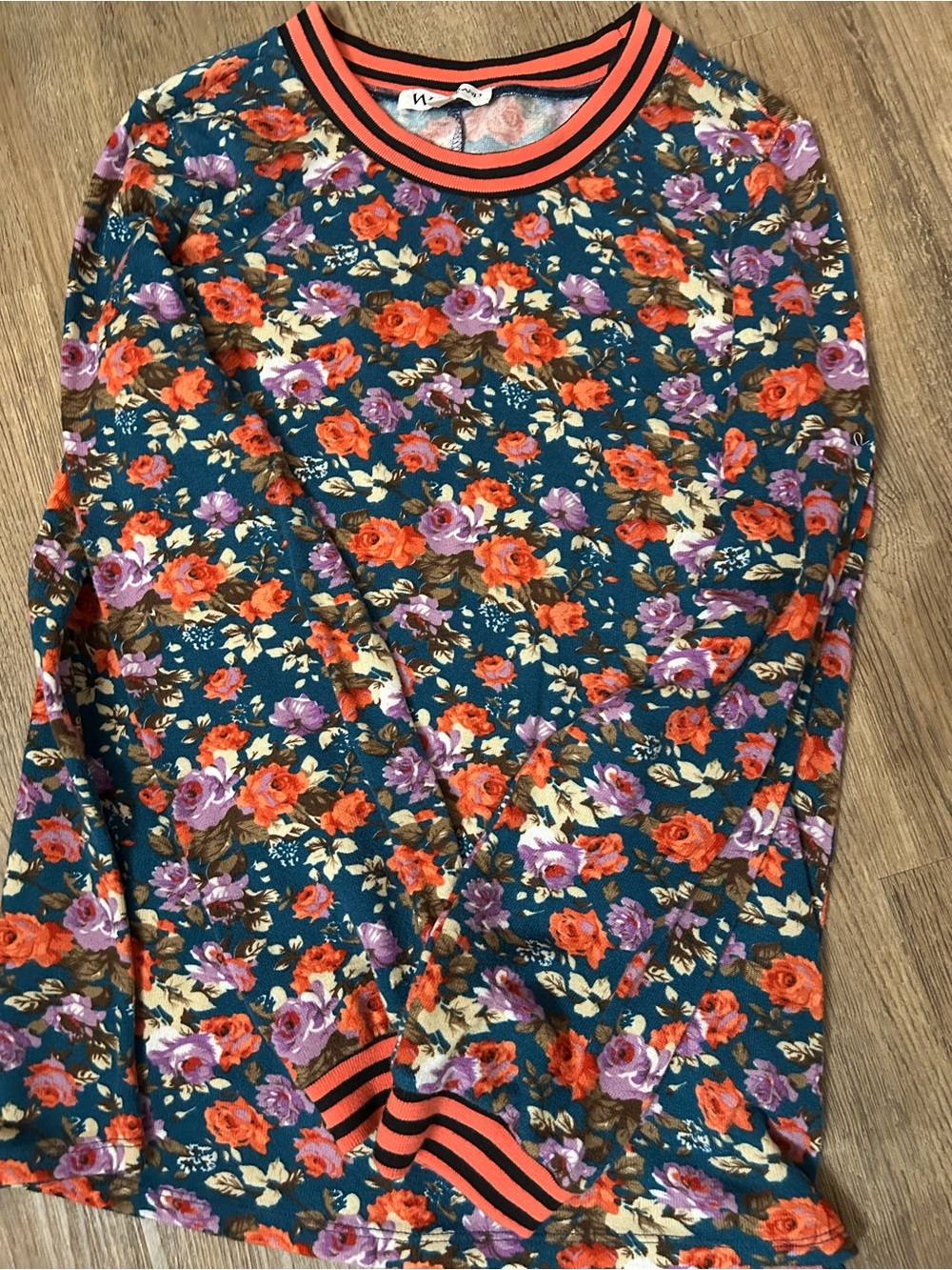 Teal Floral Long Sleeve Top with Striped Trim